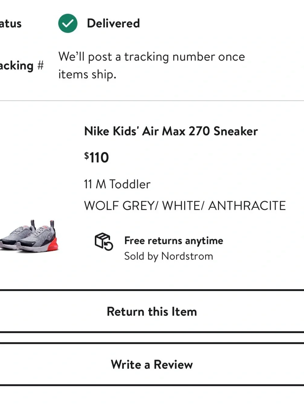 Nike Kids' Air Max 270 Sneaker- Wolf Grey/White/Anthracite, worn twice!